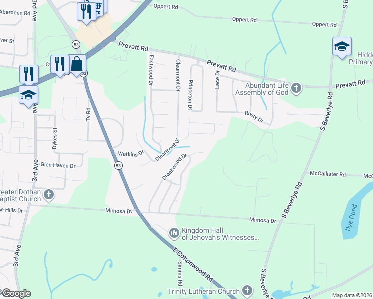 map of restaurants, bars, coffee shops, grocery stores, and more near 2423 Creekwood Drive in Dothan