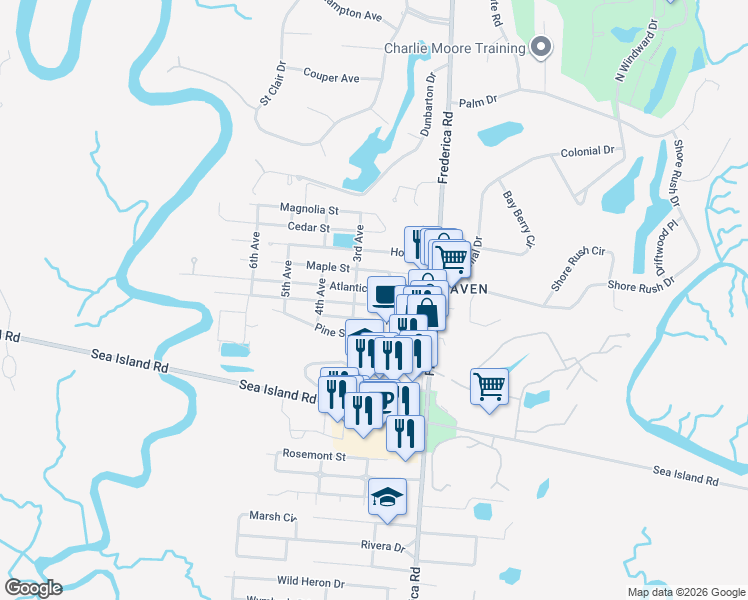 map of restaurants, bars, coffee shops, grocery stores, and more near 210 Palmetto Street in St. Simons Island
