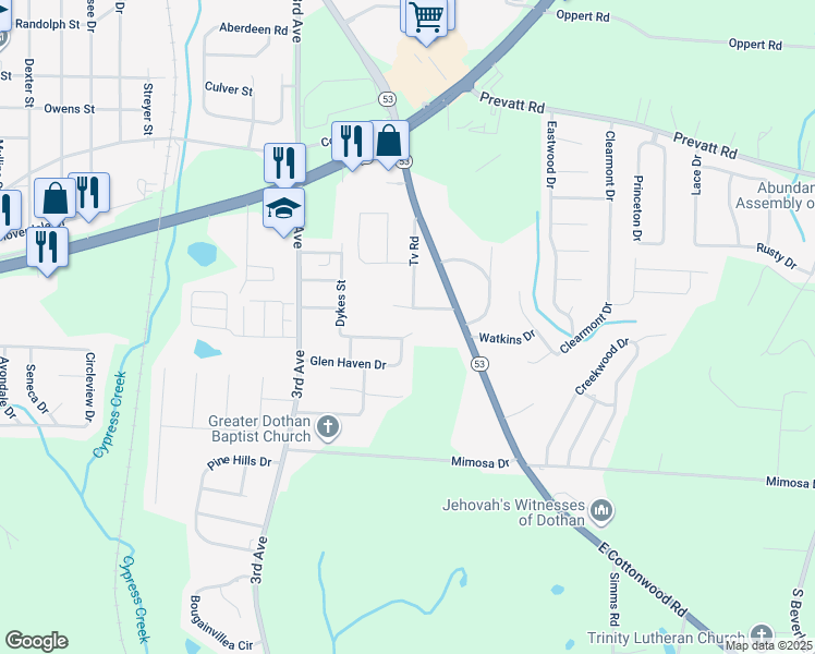 map of restaurants, bars, coffee shops, grocery stores, and more near 2601 Dykes Street in Dothan