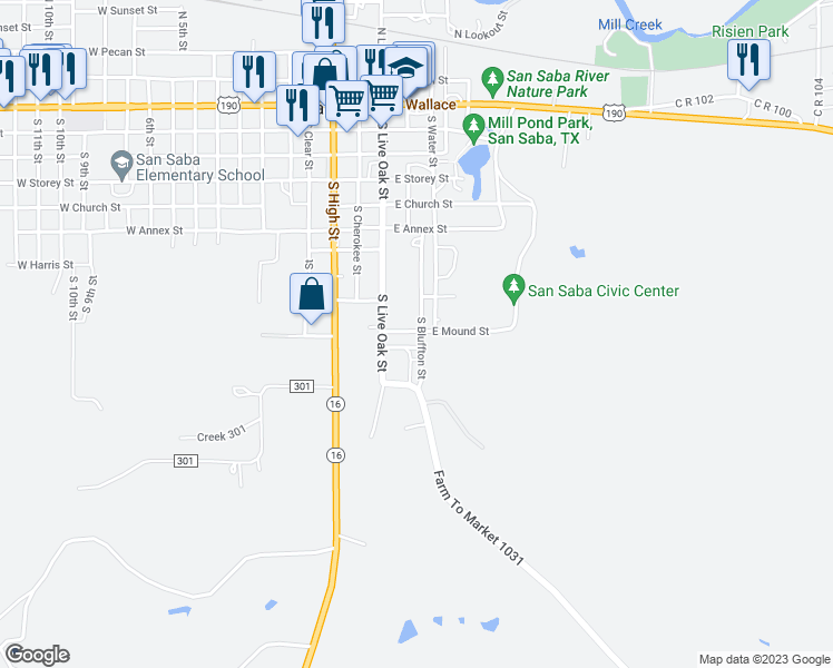 map of restaurants, bars, coffee shops, grocery stores, and more near 1124 South Bluffton Street in San Saba