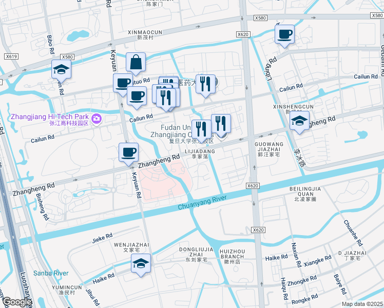 map of restaurants, bars, coffee shops, grocery stores, and more near Zhangheng Road in Shanghai