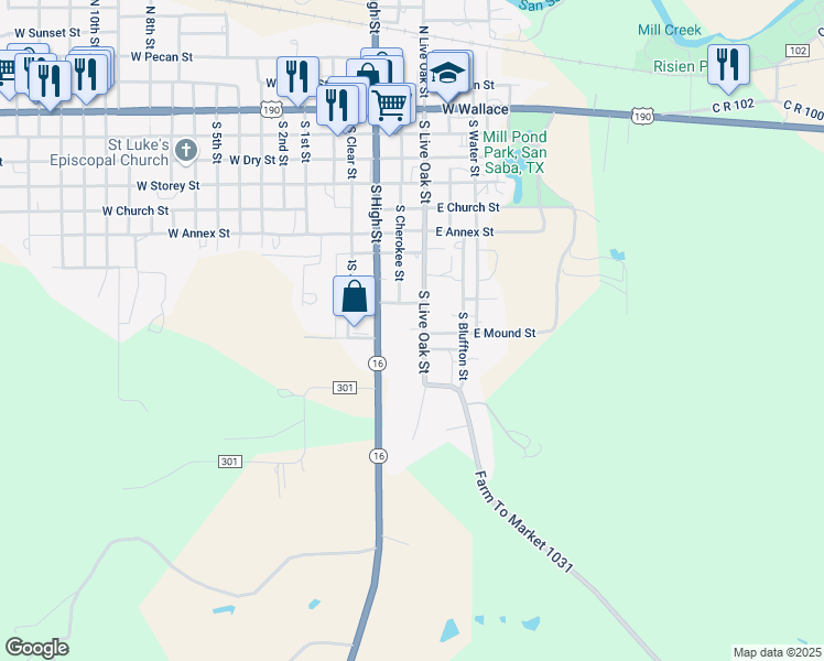 map of restaurants, bars, coffee shops, grocery stores, and more near 1007 Liveoak Street in San Saba
