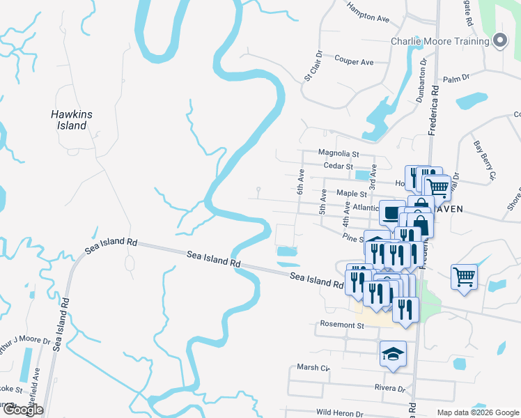 map of restaurants, bars, coffee shops, grocery stores, and more near 648 Palmetto Street in St. Simons Island