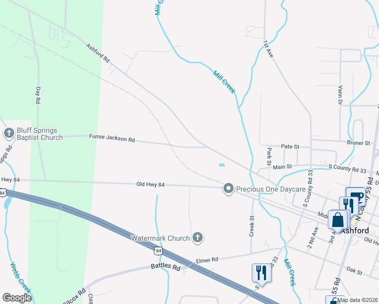 map of restaurants, bars, coffee shops, grocery stores, and more near 834 Furnie Jackson Road in Ashford