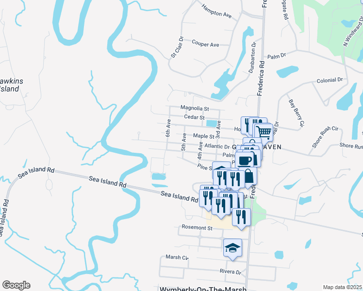 map of restaurants, bars, coffee shops, grocery stores, and more near 513 Palmetto Street in St. Simons Island