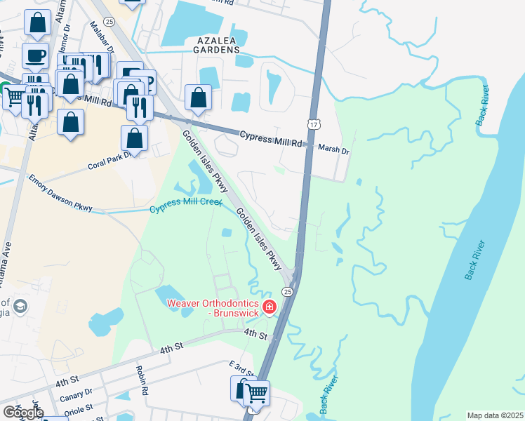 map of restaurants, bars, coffee shops, grocery stores, and more near 1009 Fountain Lake Drive in Brunswick