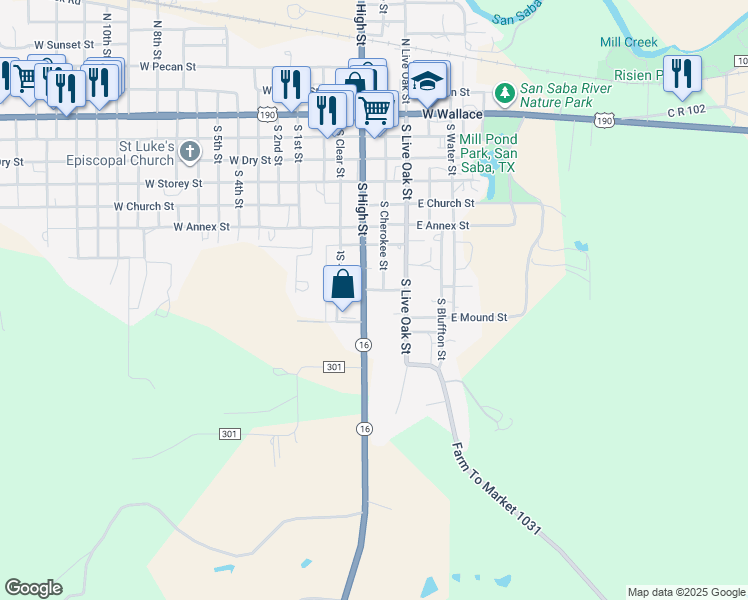 map of restaurants, bars, coffee shops, grocery stores, and more near 901 South High Street in San Saba
