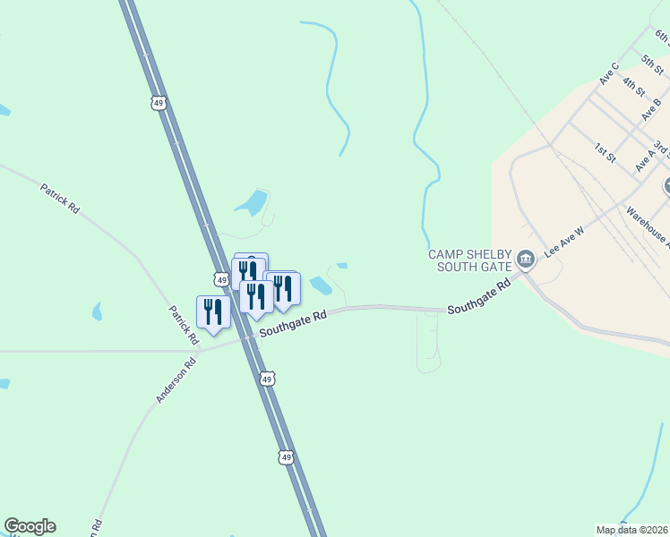 map of restaurants, bars, coffee shops, grocery stores, and more near 522 Southgate Rd in Hattiesburg