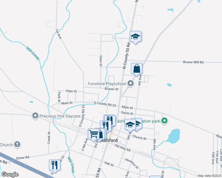 map of restaurants, bars, coffee shops, grocery stores, and more near 229 Bruner Street in Ashford
