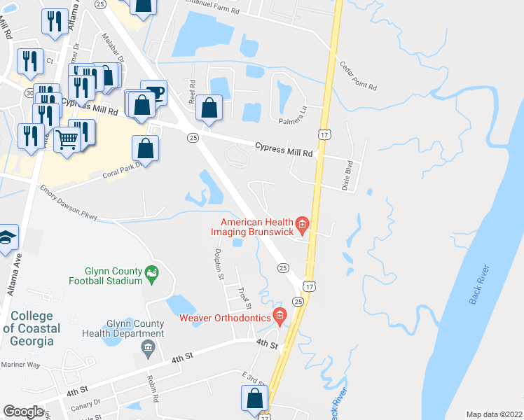 map of restaurants, bars, coffee shops, grocery stores, and more near 1009 Fountain Lake Drive in Brunswick