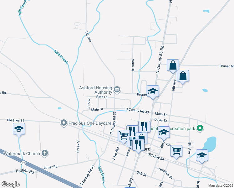 map of restaurants, bars, coffee shops, grocery stores, and more near 100 Bruner Street in Ashford
