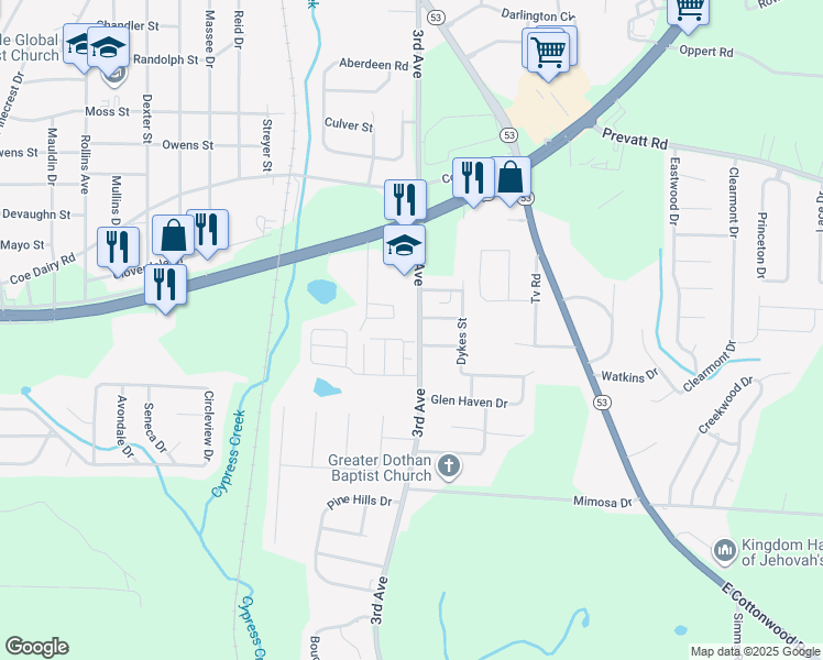 map of restaurants, bars, coffee shops, grocery stores, and more near 2400 3rd Avenue in Dothan