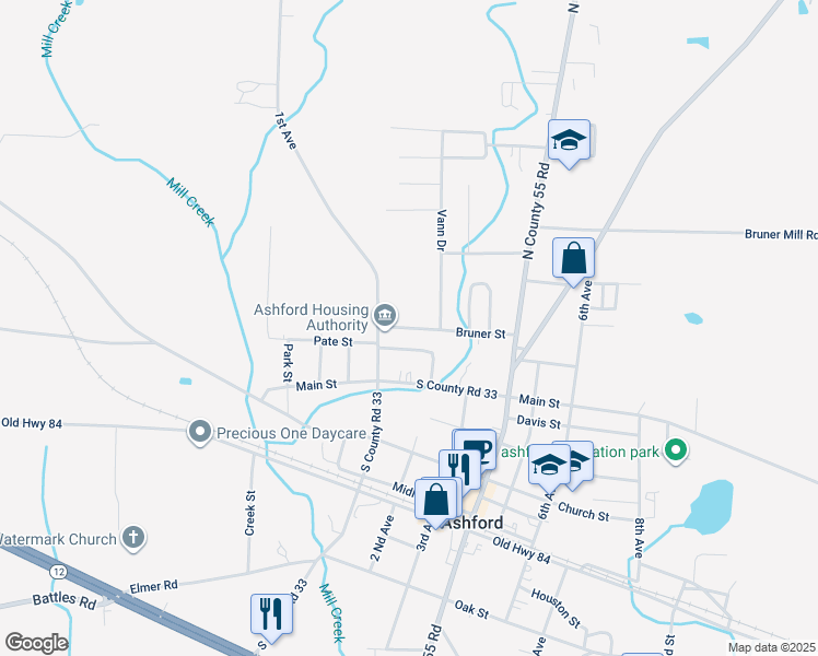 map of restaurants, bars, coffee shops, grocery stores, and more near 106 Bruner Street in Ashford