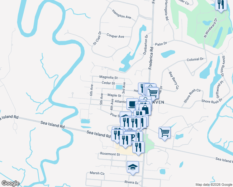 map of restaurants, bars, coffee shops, grocery stores, and more near 310 Maple Street in St. Simons Island