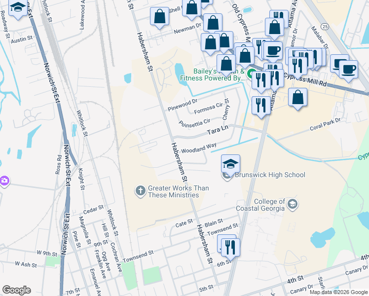 map of restaurants, bars, coffee shops, grocery stores, and more near 2211 Woodland Way in Brunswick
