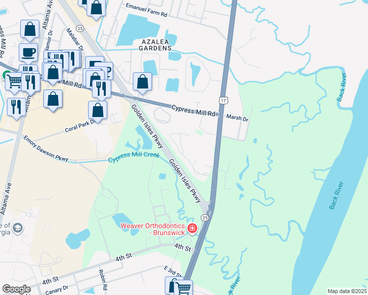 map of restaurants, bars, coffee shops, grocery stores, and more near 1009 Fountain Lake Drive in Brunswick