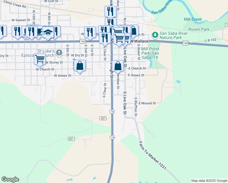 map of restaurants, bars, coffee shops, grocery stores, and more near 901 South High Street in San Saba