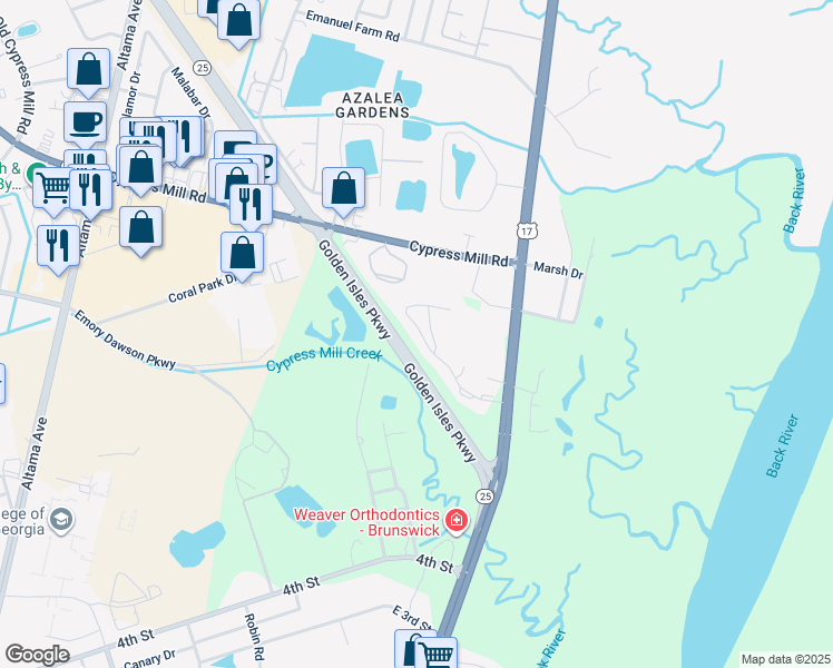map of restaurants, bars, coffee shops, grocery stores, and more near 1009 Fountain Lake Drive in Brunswick
