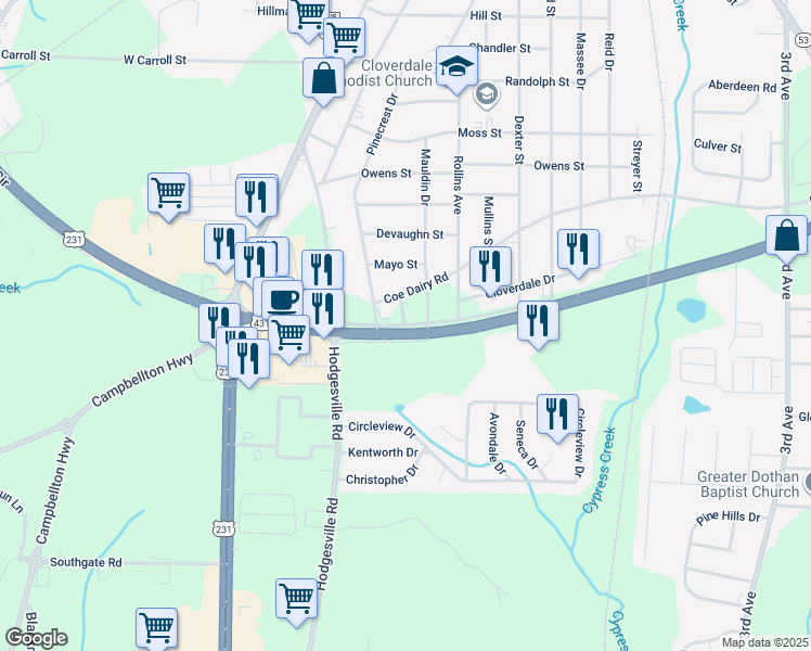 map of restaurants, bars, coffee shops, grocery stores, and more near 798 Casey Court in Dothan