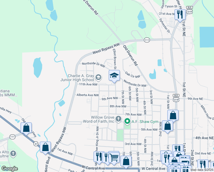 map of restaurants, bars, coffee shops, grocery stores, and more near 1021 11th Avenue Southeast in Moultrie