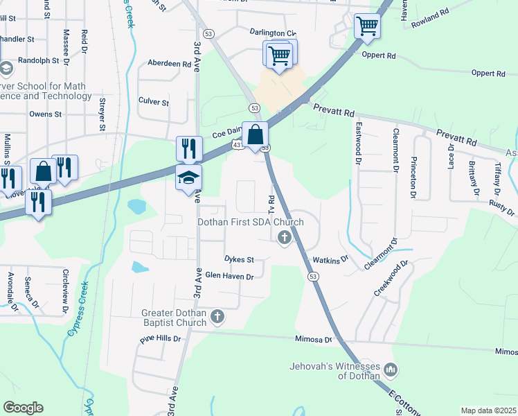 map of restaurants, bars, coffee shops, grocery stores, and more near 411 Dolphin Street in Dothan