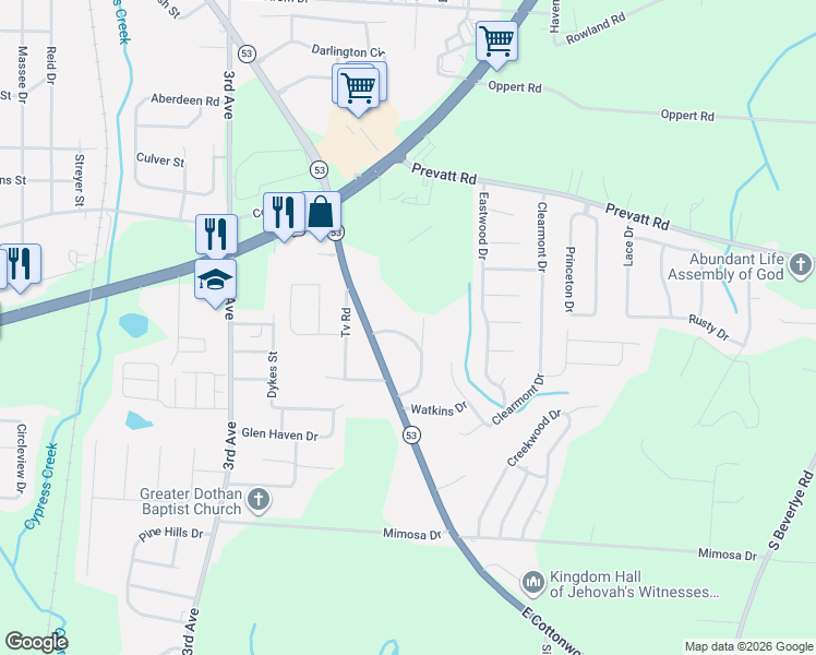 map of restaurants, bars, coffee shops, grocery stores, and more near 2208 Norwood Drive in Dothan