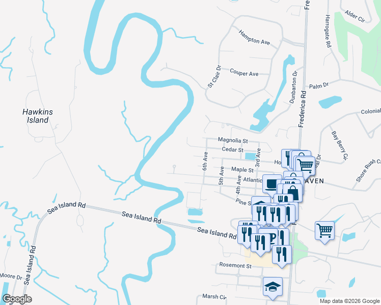 map of restaurants, bars, coffee shops, grocery stores, and more near 615 Cedar Street in St. Simons Island