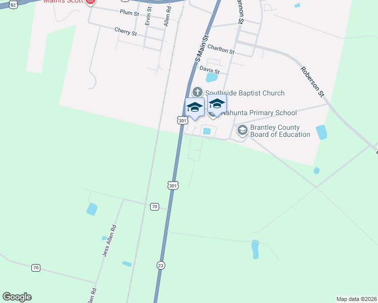 map of restaurants, bars, coffee shops, grocery stores, and more near 1 Janie Circle in Nahunta