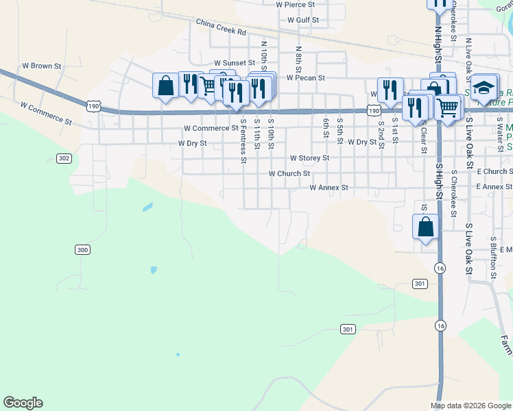 map of restaurants, bars, coffee shops, grocery stores, and more near 1102 West Harris Street in San Saba