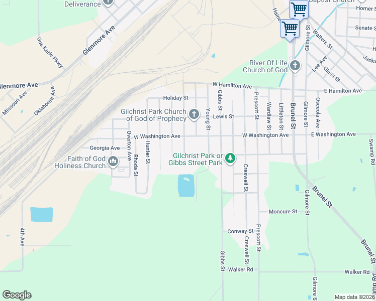 map of restaurants, bars, coffee shops, grocery stores, and more near 1002 Holmes Street in Waycross