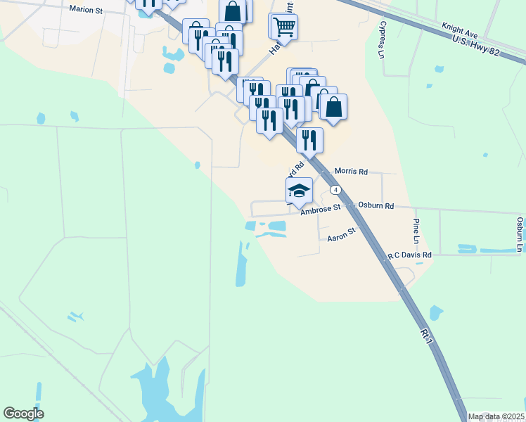 map of restaurants, bars, coffee shops, grocery stores, and more near 668 Woodward Road in Waycross