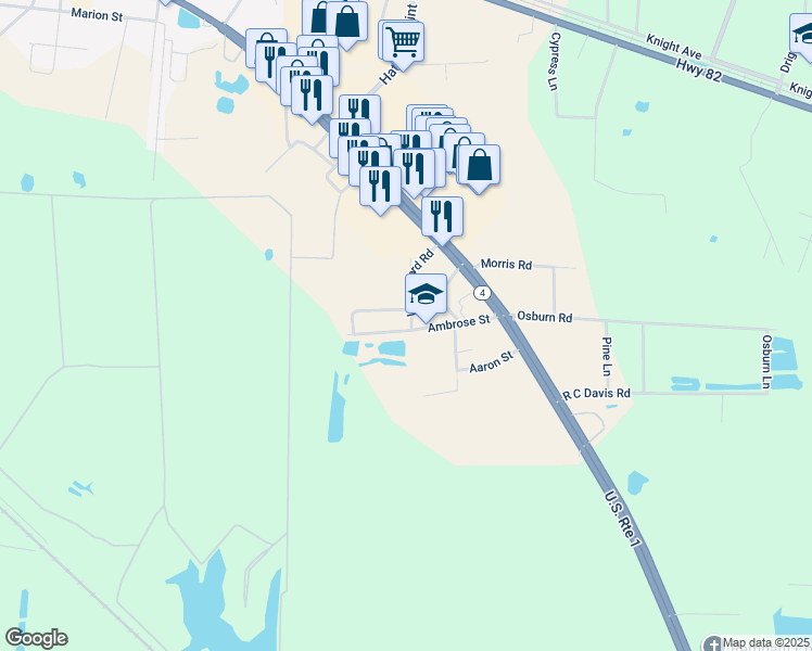 map of restaurants, bars, coffee shops, grocery stores, and more near 668 Woodward Road in Waycross