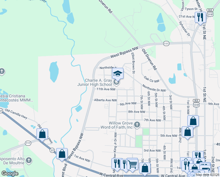 map of restaurants, bars, coffee shops, grocery stores, and more near 1212 11th Avenue Northwest in Moultrie