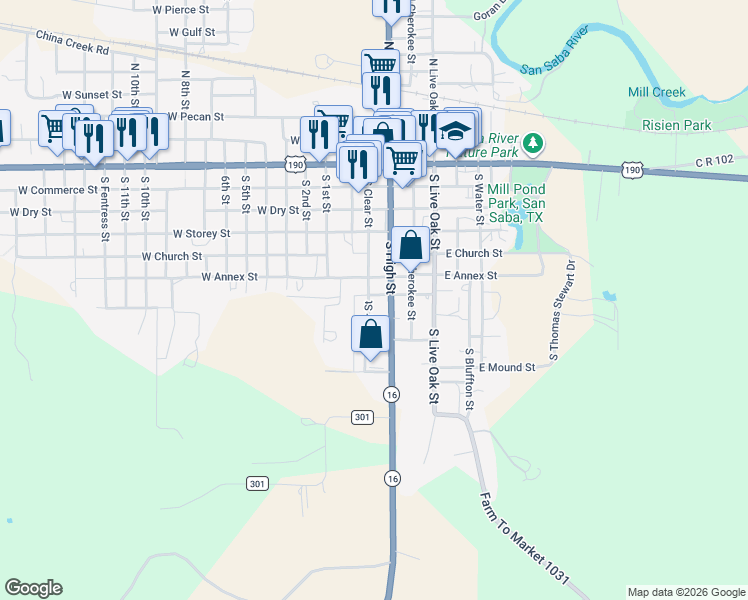 map of restaurants, bars, coffee shops, grocery stores, and more near 608 South Clear Street in San Saba