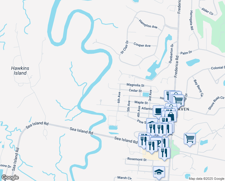 map of restaurants, bars, coffee shops, grocery stores, and more near 615 Cedar Street in St. Simons Island