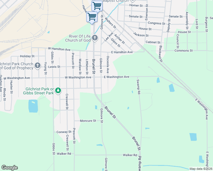 map of restaurants, bars, coffee shops, grocery stores, and more near 1810 Osceola Avenue in Waycross