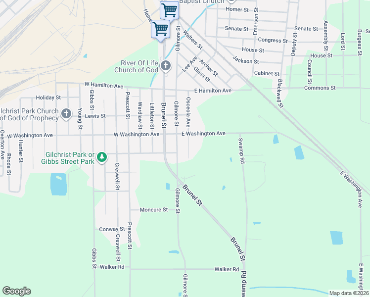 map of restaurants, bars, coffee shops, grocery stores, and more near 1810 Osceola Avenue in Waycross