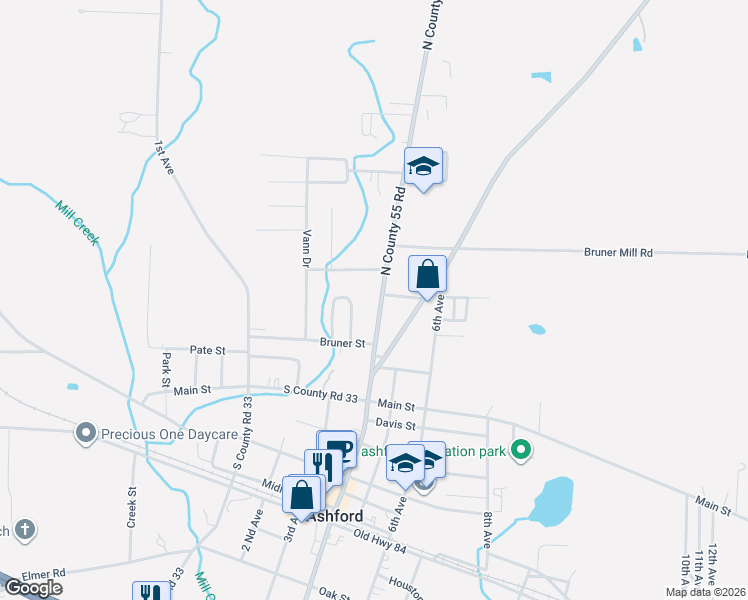 map of restaurants, bars, coffee shops, grocery stores, and more near 915 North County 55 Road in Ashford