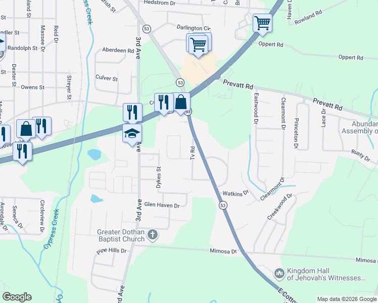 map of restaurants, bars, coffee shops, grocery stores, and more near 108 Tv Road in Dothan