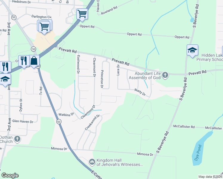 map of restaurants, bars, coffee shops, grocery stores, and more near 200 Princeton Dr in Dothan