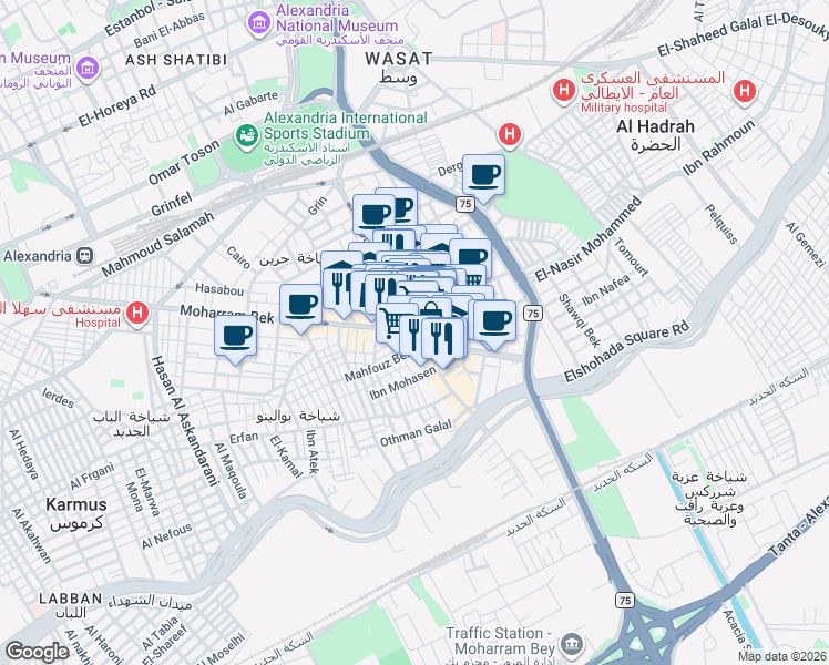map of restaurants, bars, coffee shops, grocery stores, and more near Moharram Bek in Qism Moharram Bek