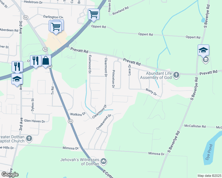 map of restaurants, bars, coffee shops, grocery stores, and more near 152 Princeton Drive in Dothan