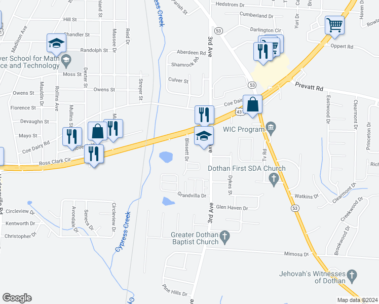 map of restaurants, bars, coffee shops, grocery stores, and more near 109 Blissett Drive in Dothan