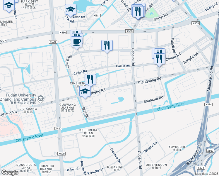 map of restaurants, bars, coffee shops, grocery stores, and more near Zhangheng Road in Shanghai