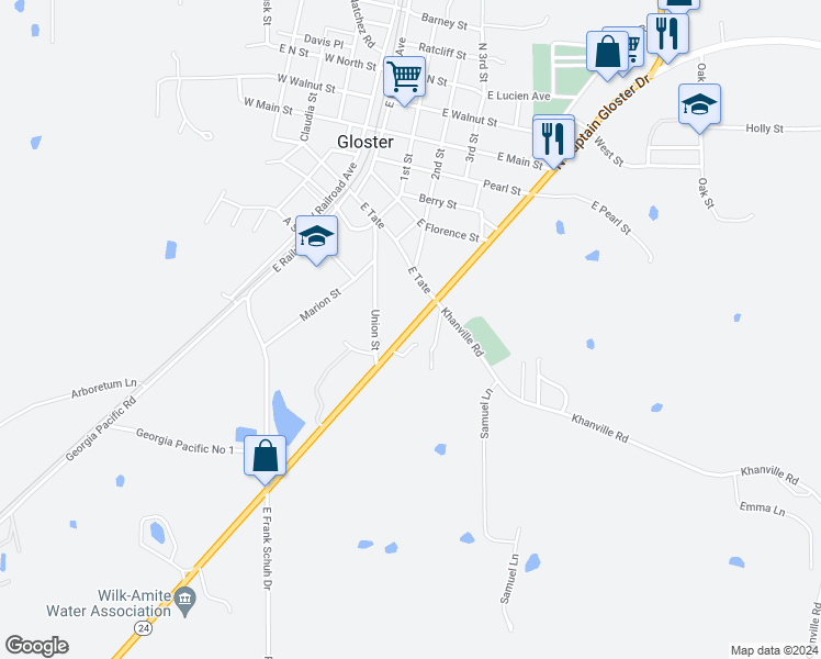 map of restaurants, bars, coffee shops, grocery stores, and more near 713 South Captain Gloster Drive in Gloster
