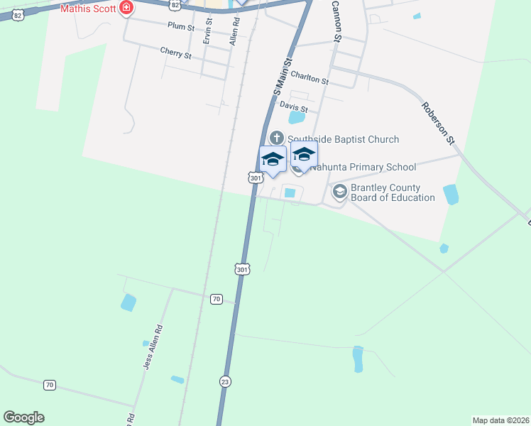 map of restaurants, bars, coffee shops, grocery stores, and more near 1-99 Janie Circle in Nahunta