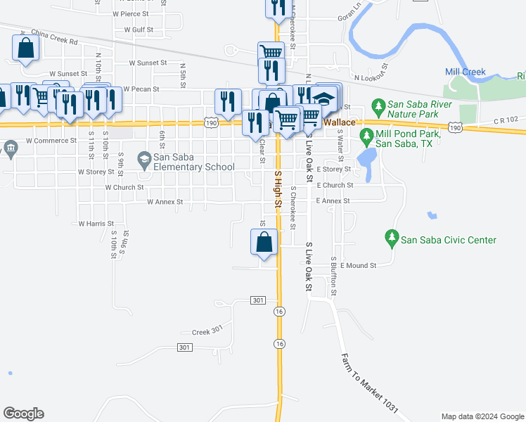 map of restaurants, bars, coffee shops, grocery stores, and more near 608 South Clear Street in San Saba