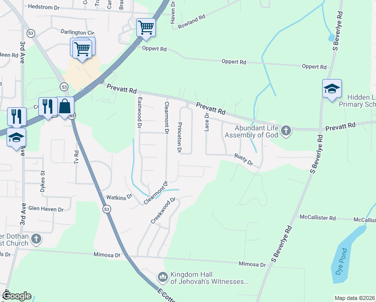 map of restaurants, bars, coffee shops, grocery stores, and more near 200 Princeton Drive in Dothan