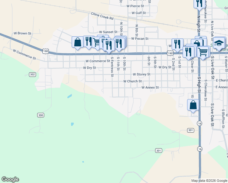 map of restaurants, bars, coffee shops, grocery stores, and more near 1102 West Harris Street in San Saba