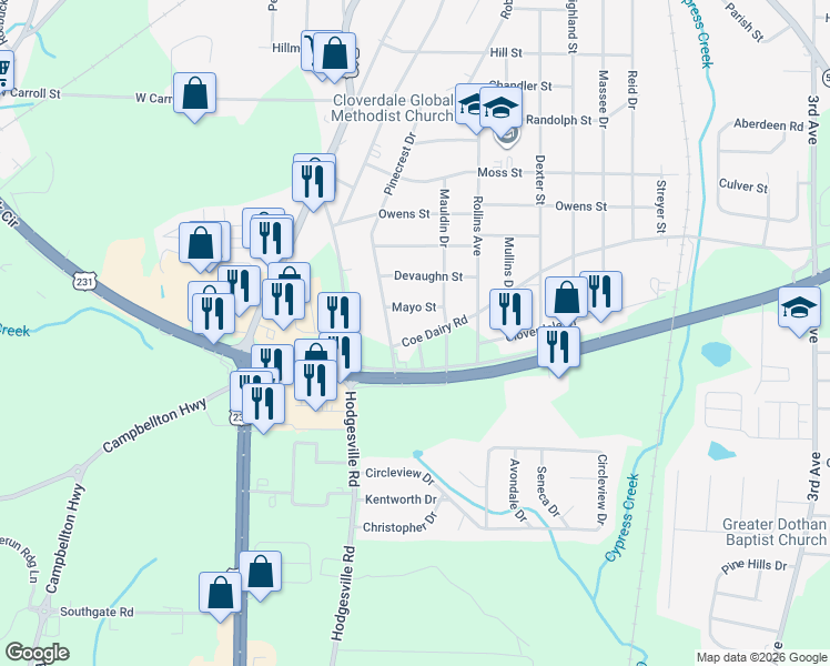 map of restaurants, bars, coffee shops, grocery stores, and more near 700-798 Casey Ct in Dothan